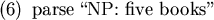 \begin{figure}\enumsentence{ parse \lq\lq NP: five books''}
\end{figure}