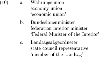 \begin{examples}
\item
\begin{examples}\item
W\uml ahrungsunion \\
economy un...
...council representative \\
\lq member of the Landtag'
\end{examples}\end{examples}