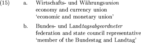 \begin{examples}
\item
\begin{examples}\item
Wirtschafts- und W\uml ahrungs{\...
...ntative \\
\lq member of the Bundestag and Landtag'
\end{examples}\end{examples}