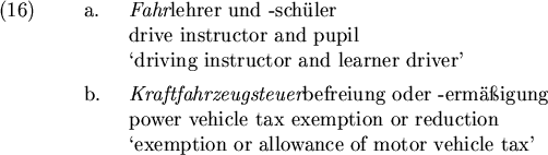 \begin{examples}
\item
\begin{examples}\item
{\em Fahr}lehrer und -sch\uml ul...
...
\lq exemption or allowance of motor vehicle tax'
\par\end{examples}\end{examples}