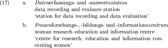 \begin{examples}
\item
\begin{examples}\item
{\em Daten}erfassungs- und -ausw...
...ucation and information concerning {\mbox
women}'
\end{examples}\end{examples}