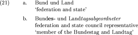 \begin{examples}
\item
\begin{examples}\item Bund und Land \\
\lq federation an...
...tative \\
\lq member of the Bundestag and Landtag'
\end{examples} \end{examples}