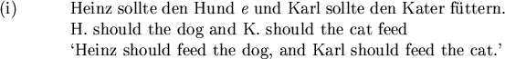 \begin{examples}
\item[i] Heinz sollte den Hund {\em e} und Karl sollte den Kat...
... \\
\lq Heinz should feed the dog, and Karl should feed the cat.'
\end{examples}