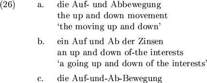 \begin{examples}\item
\begin{examples}\item
die Auf- und Abbewegung \\
the u...
... of the interests'
\item die Auf-und-Ab-Bewegung
\end{examples} \end{examples}