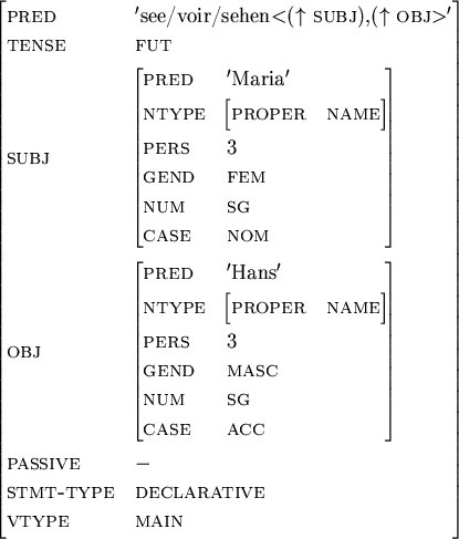 \begin{avm}
\begin{displaymath}{\sc pred} & $'$see/voir/sehen$<$($\uparrow$\ {\s...
...type} & {\sc declarative}\\
{\sc vtype} & {\sc main}\end{displaymath}\end{avm}