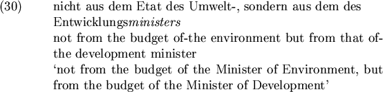 \begin{examples}
\item
nicht aus dem Etat des Umwelt-, sondern aus dem
des \\
...
...Environment, but from the
budget of the Minister of Development'
\end{examples}