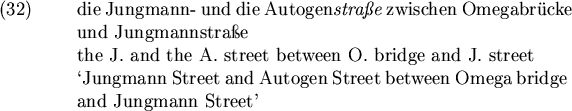 \begin{examples}
\item
die Jungmann- und die Autogen{\em stra{\ss}e} zwischen ...
...and Autogen Street between Omega bridge and
Jungmann Street'
\par\end{examples}