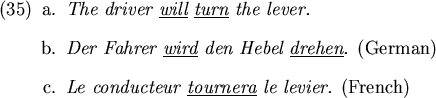\begin{figure}\eenumsentence{\item {\em The driver \underline{will} \underline{t...
...item {\em Le conducteur \underline{tournera} le levier.} (French)
}
\end{figure}