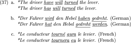 \begin{figure}\eenumsentence{\item {\em *The driver \underline{have} \underline{...
...nducteur \underline{tournera} \underline{eu} le levier.} (French)
}
\end{figure}