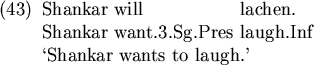 \begin{figure}\enumsentence{\shortex {3}
{Shankar & will & lachen.}
{Shankar & want.3.Sg.Pres & laugh.Inf}
{\lq Shankar wants to laugh.'}
}
\end{figure}