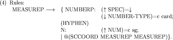 \begin{figure}\enumsentence{Rules:\\
\begin{tabular}{lll}
MEASUREP $\longright...
...mn{2}{l}{$\mid$\ @(SCCOORD MEASUREP MEASUREP)\}.}\\
\end{tabular}}
\end{figure}